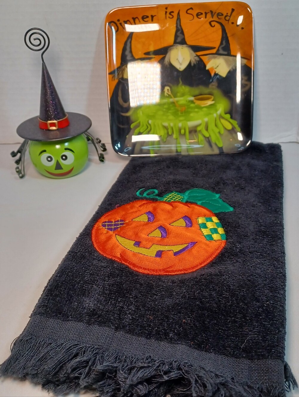 HALLOWEEN Collection, Embroidered Pumpkin Hand Towel, Pier One Wire Witch & Tray